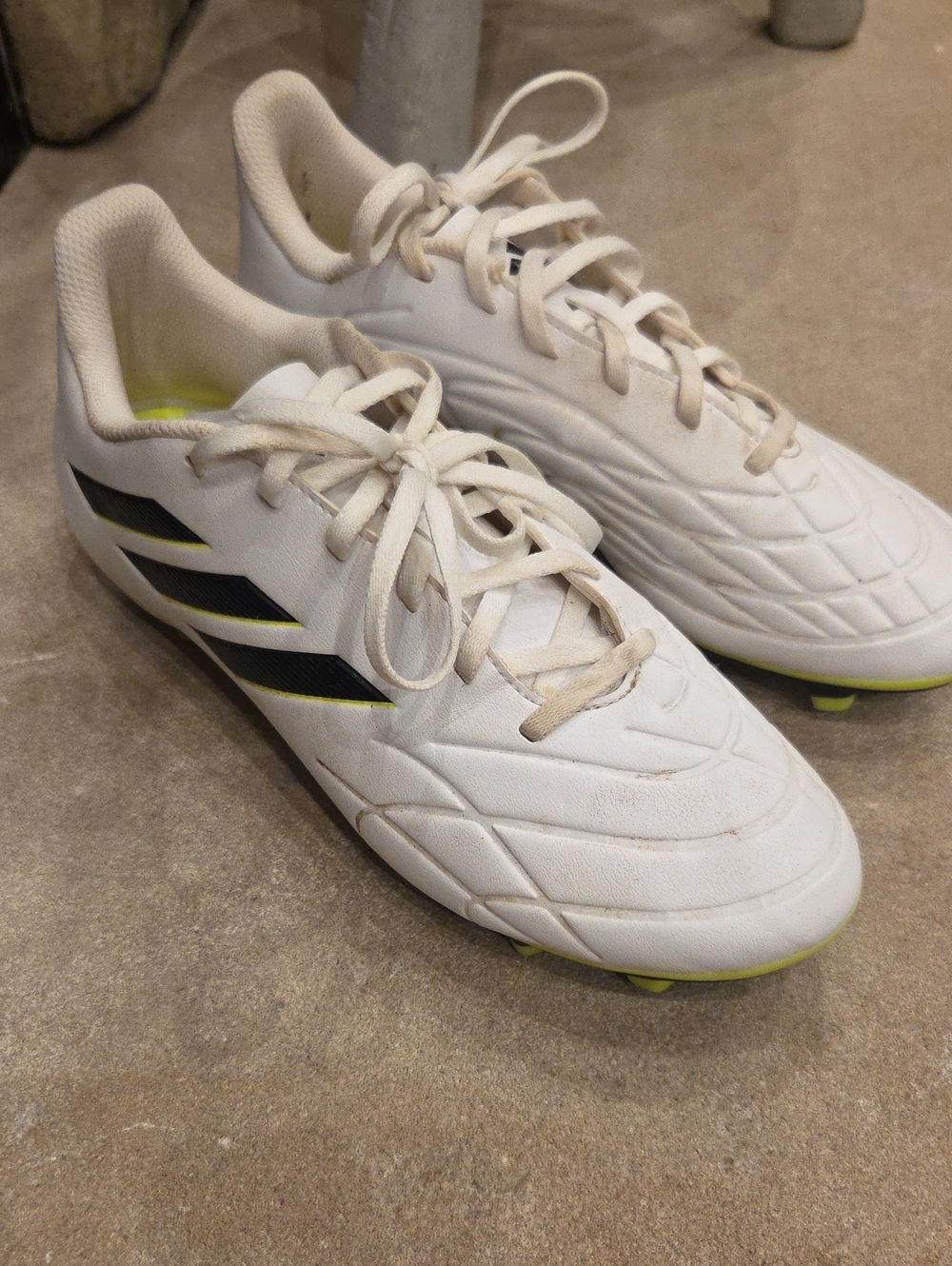 adidas White Soccer Cleats with Black Stripes and Neon Yellow Accents